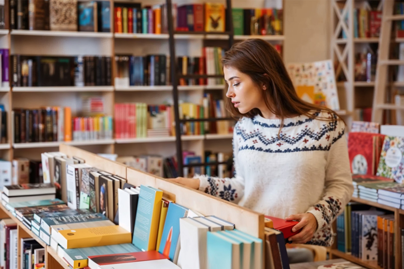 Mulher procurando livros em uma livraria